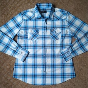 Kimes Ranch Long Sleeve Button Down Plaid Shirt Blue/Grey Women's Sz Large NWT